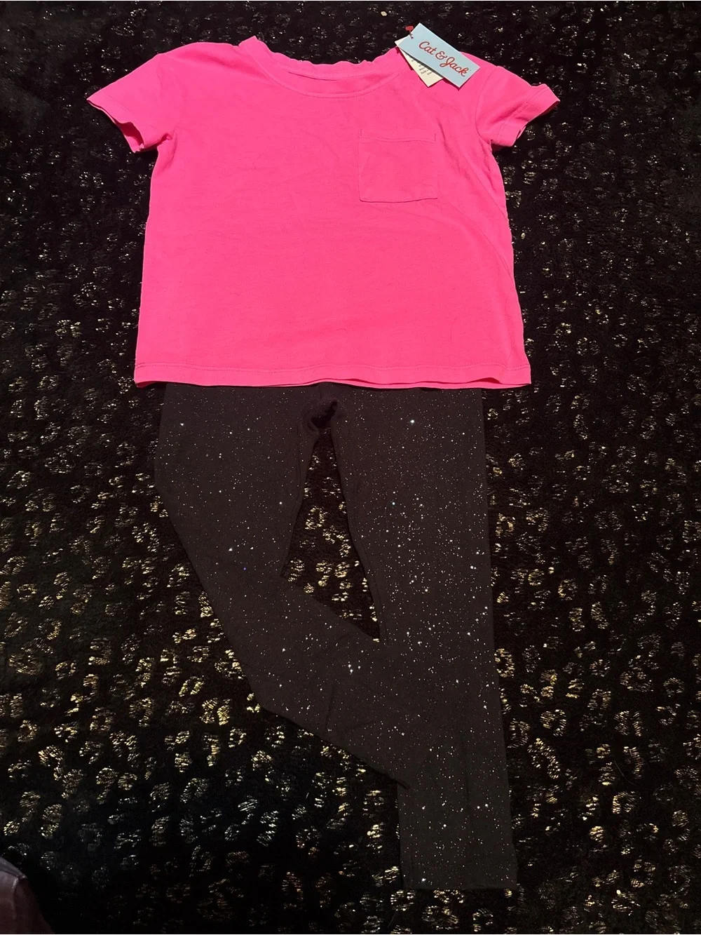 NWT Cat & Jack Hot Pink Tee with Black Sparkle Leggings